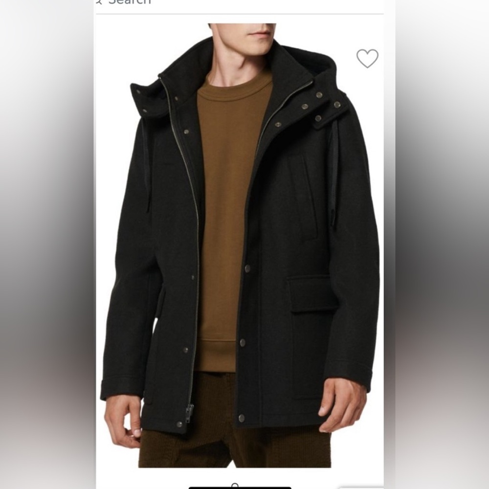 Andrew Marc Mens Black Large Wool Coat w/ Hood